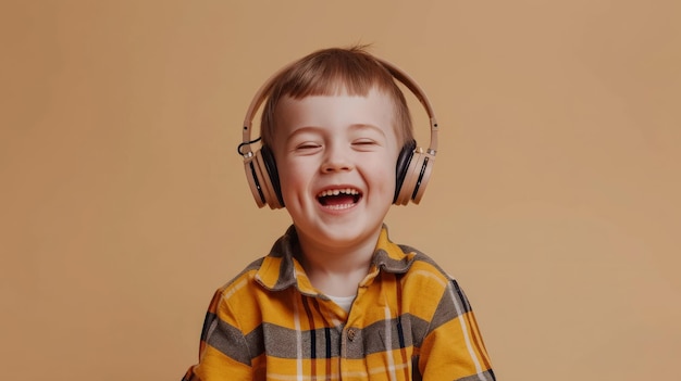 Ragazzo bianco con sindrome di Down con le cuffie che ride alla telecamera isolato su uno sfondo beige