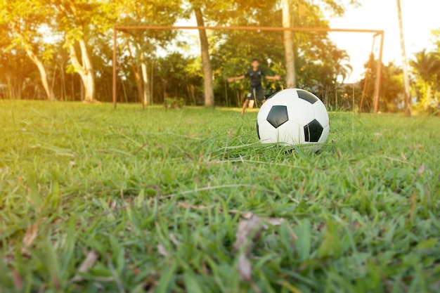 Ragazzo, calci, pallone da calcio, campo sportivo. Sessione di calcio di calcio per i bambini.