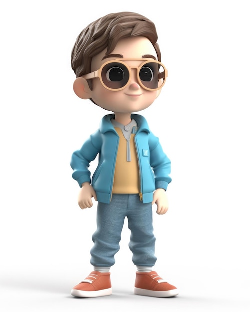 Ragazzo carino 3d con vestiti e occhiali da sole rendering 3d