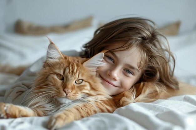 ragazzo carino che abbraccia un grosso gatto sul letto concetto di animale domestico