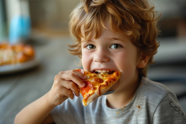 Ragazzo carino che mangia pizza Ragazzo di scuola che pranza durante la pausa AI generativa