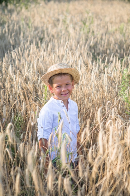 Ragazzo carino con cappello di paglia con margherite in mano che camminano sul campo di grano di segale