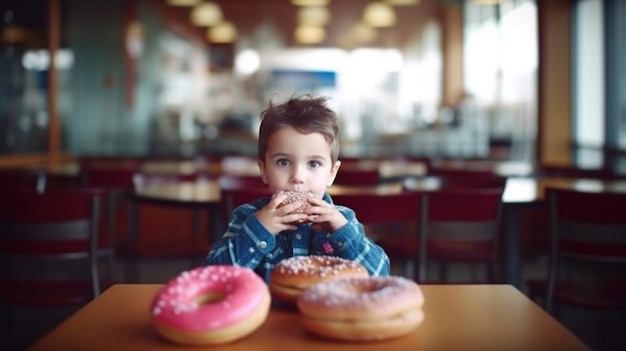 Ragazzo carino di 5 anni con una ciambella sullo sfondo del caffè sfocato