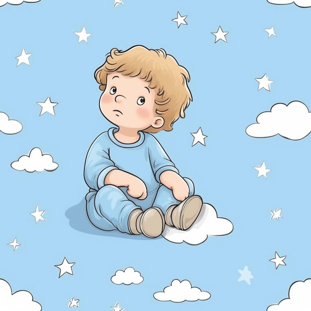 ragazzo cartone animato seduto su una nuvola con le stelle nel cielo ai generativo