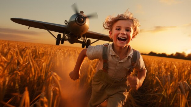 Ragazzo che corre tra i campi d'oro