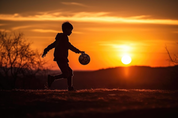 ragazzo che gioca a pallone da calcio in serata