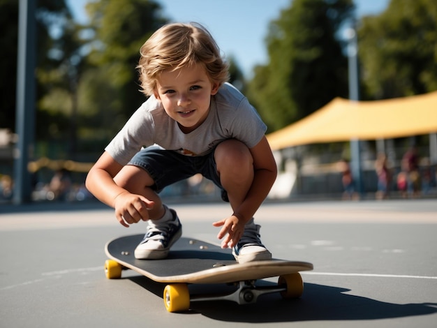 Ragazzo che gioca a skateboard sul parco giochi in estate AI Generative