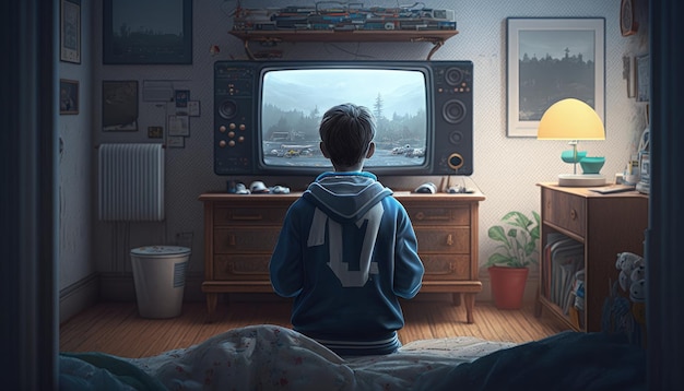 Ragazzo che gioca a un vecchio videogioco in camera da letto, schiena a schiena, ragazzo in una vecchia sala giochi, IA.
