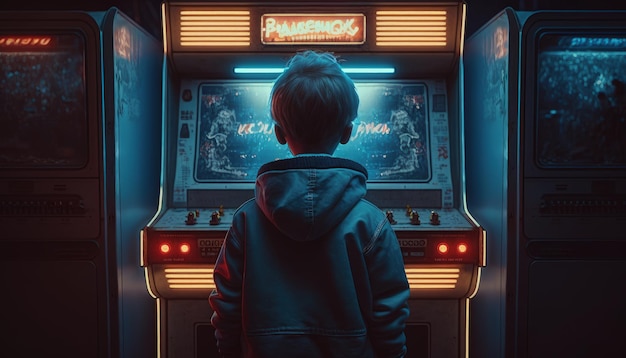 Ragazzo che gioca a una macchina arcade con luci al neon Vista posteriore del ragazzo che gioca alla macchina arcade AI