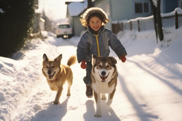 Ragazzo che gioca con i cani in una giornata di sole invernale su una strada coperta di neve