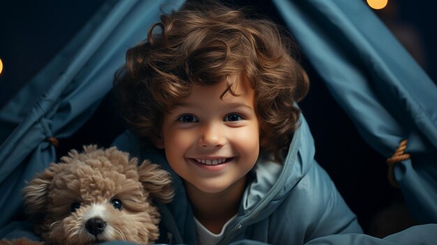 ragazzo che gioca con l'orso di peluche