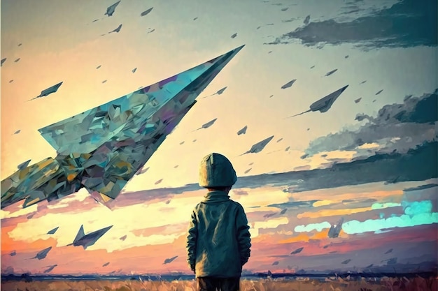 Ragazzo che gioca vicino agli aeroplani Il ragazzo gioca con gli aeroplani di carta e guarda gli aerei che volano nel cielo al tramonto Pittura illustrativa in stile arte digitale