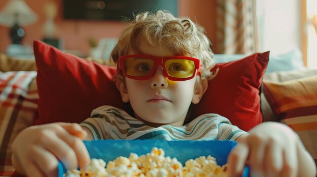 Ragazzo che guarda un film con gli occhiali 3D a casa in un salotto luminoso con delizioso popcorn