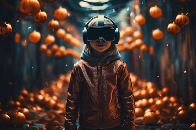 Ragazzo che indossa cuffie per realtà virtuale e costumi di Halloween occhiali VR IA generativa