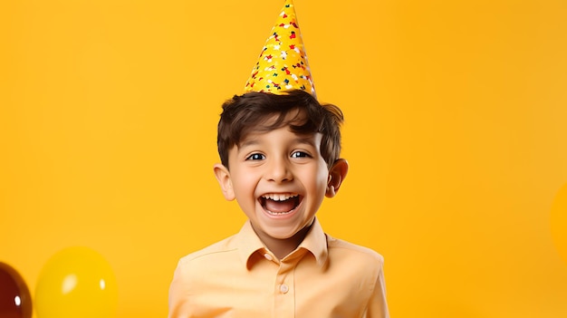 ragazzo che indossa il cappello di compleanno con un'espressione allegra su sfondo giallo ai generativo