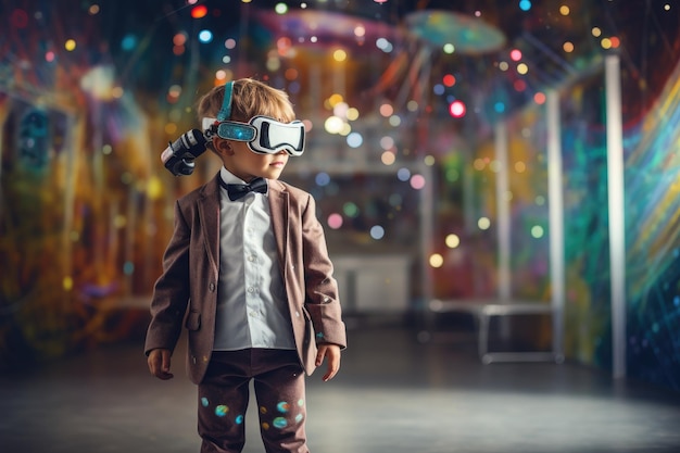 Ragazzo che indossa l'auricolare VR utente mondo surreale e realtà virtuale campi di fiori colorati IA generativa