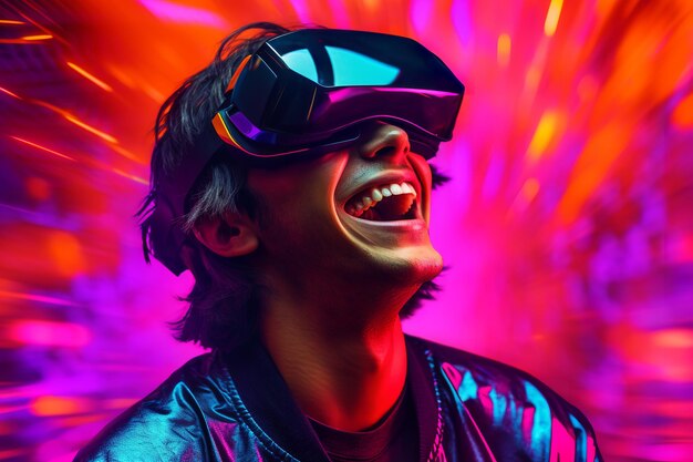 ragazzo che indossa occhiali vr su sfondo al neon