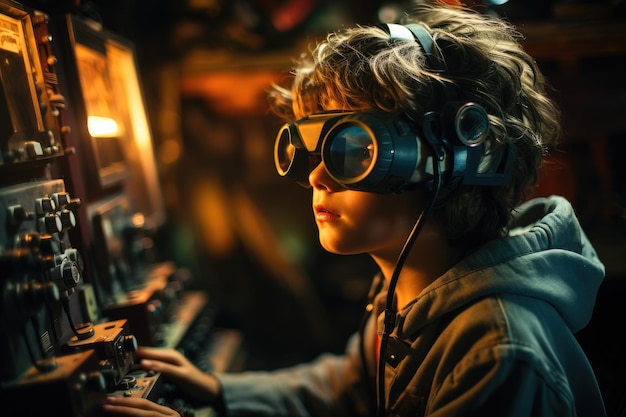 Ragazzo che indossa un auricolare di realtà virtuale, occhiali VR, tecnologia innovativa, IA generativa