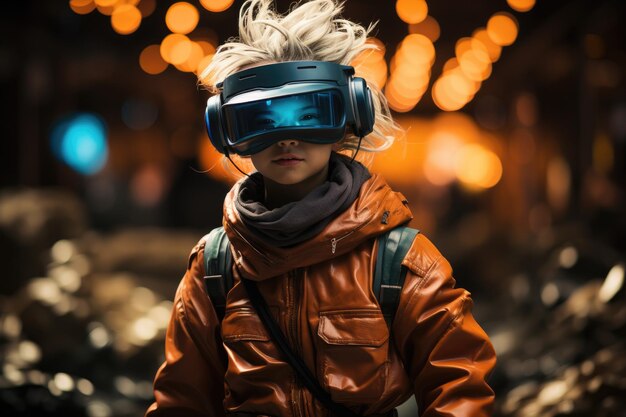 Ragazzo che indossa un auricolare di realtà virtuale, occhiali VR, tecnologia innovativa, IA generativa