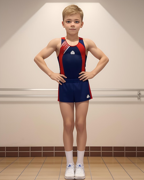 Ragazzo che indossa un'uniforme da ginnastica con un design accattivante