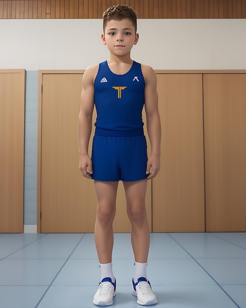 Ragazzo che indossa un'uniforme da ginnastica con un design accattivante