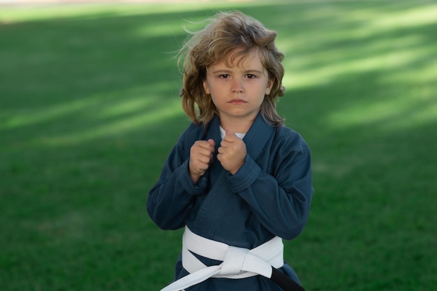 Ragazzo che pratica arti marziali all'aperto sport karate bambini ragazzino che indossa il kimono che fa karate in