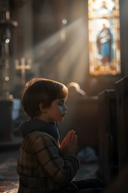 Ragazzo che prega in chiesa