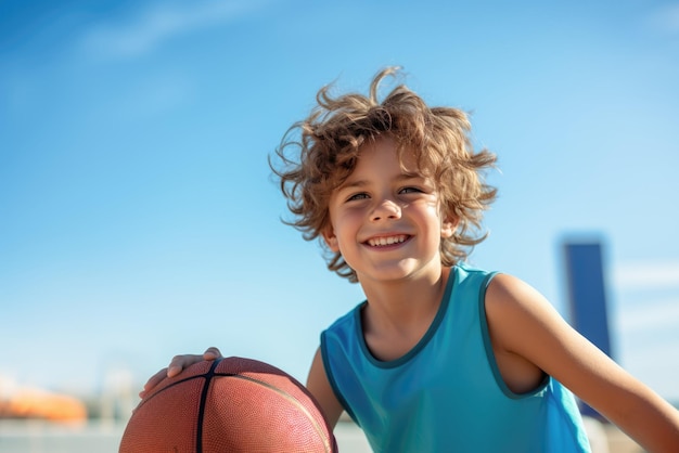 Ragazzo che si diverte a giocare a basket all'aperto