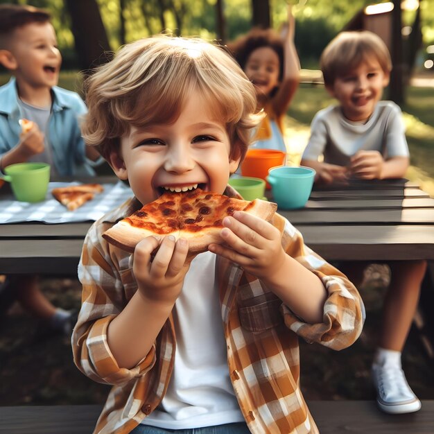 Ragazzo che si diverte mentre mangia la pizza