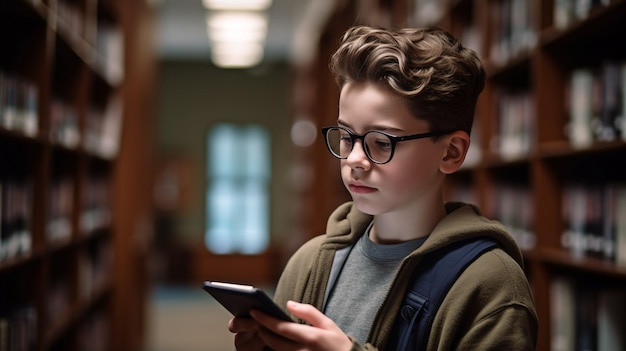 Ragazzo che tiene un telefono in una biblioteca IA generativa