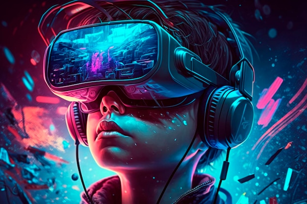 Ragazzo che usa occhiali per realtà virtuale per giocare al videogioco Metaverse VR neon generativa ai
