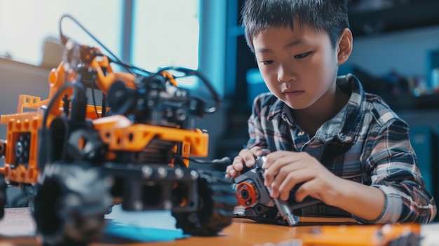 Ragazzo che usa un cacciavite mentre fissa i bulloni di un veicolo robot Bambini intelligenti e istruzione STEM Robotica e ingegneria del software per studenti elementari Web Banner