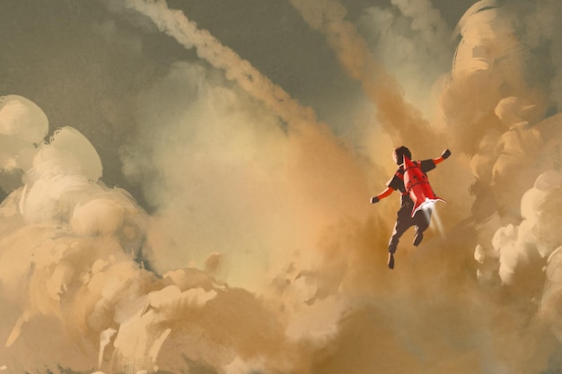 ragazzo che vola nel cielo nuvoloso con un razzo jet pack, illustrazione pittura