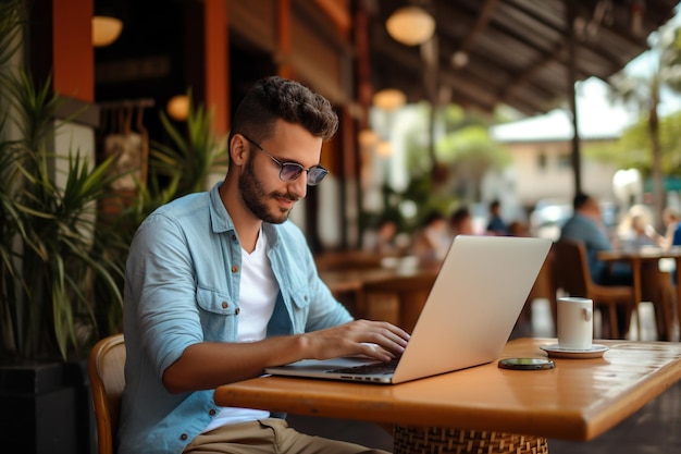 Ragazzo colombiano con un laptop in un bar Stile di vita digitale in Colombia Generato dall'intelligenza artificiale