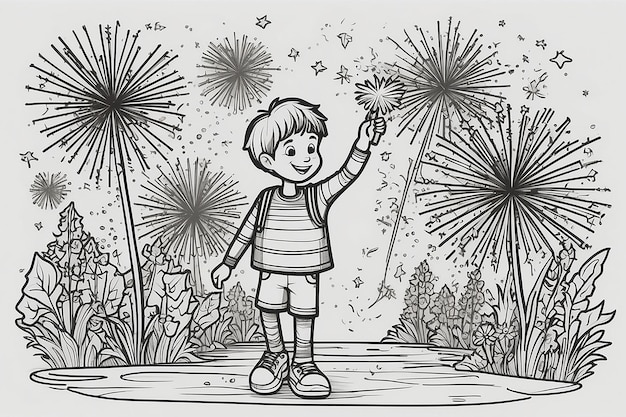 Ragazzo con fuochi d'artificio pagina da colorare isolata per bambini