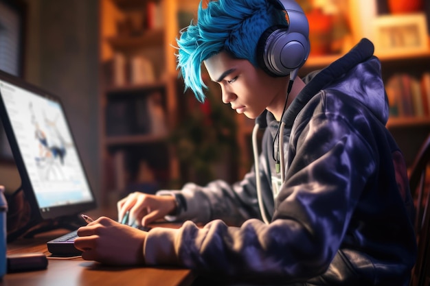 Ragazzo con i capelli blu che studia a casa a una scrivania AI Generato contenuto