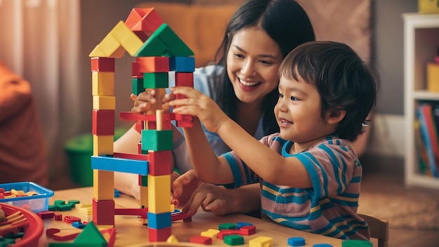 Ragazzo con la mamma che gioca con un kit di costruzione colorato