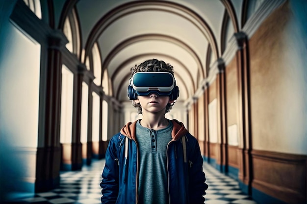 Ragazzo con occhiali per realtà virtuale a scuola. Ai generated.Education e concetto di intrattenimento.