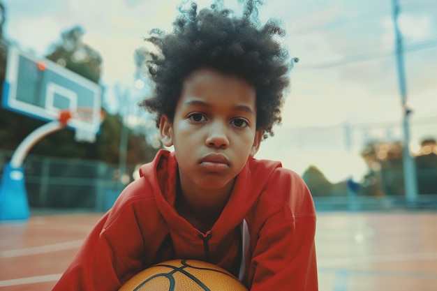 Ragazzo con pallacanestro che sorride all'aperto con l'AI generata