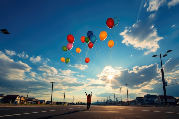 Ragazzo con palloncini colorati che volano nel cielo blu sopra la strada