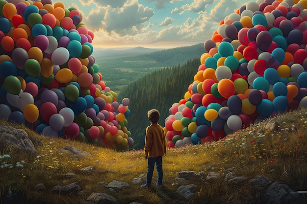Ragazzo con palloncini colorati in montagna al tramonto IA generativa
