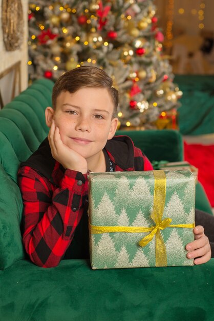 ragazzo con regalo di Natale a casa ritratto