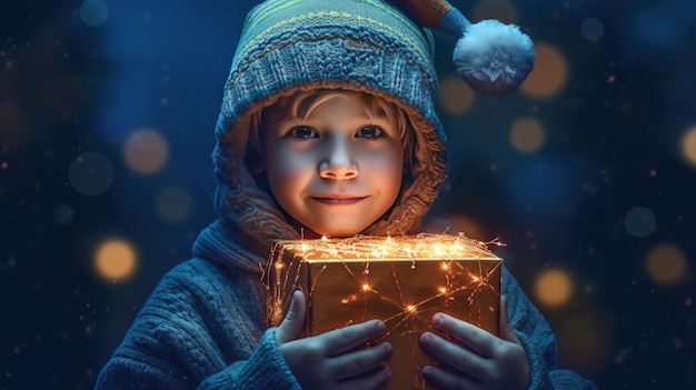 Ragazzo con scatola magica di Natale Illustrazione AI GenerativexA