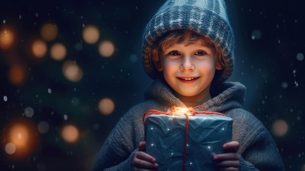 Ragazzo con scatola magica di Natale Illustrazione AI GenerativexA