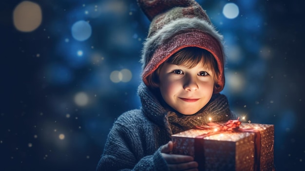 Ragazzo con scatola magica di Natale Illustrazione AI GenerativexA