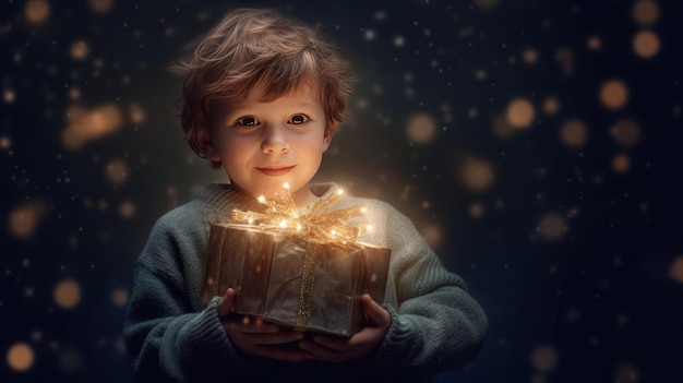 Ragazzo con scatola magica di Natale Illustrazione AI GenerativexA