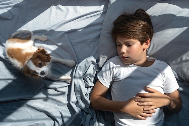 Ragazzo con un cane giace a letto al mattino Dormi con animali domestici simpatico cucciolo Cavalier King Charles Spaniel