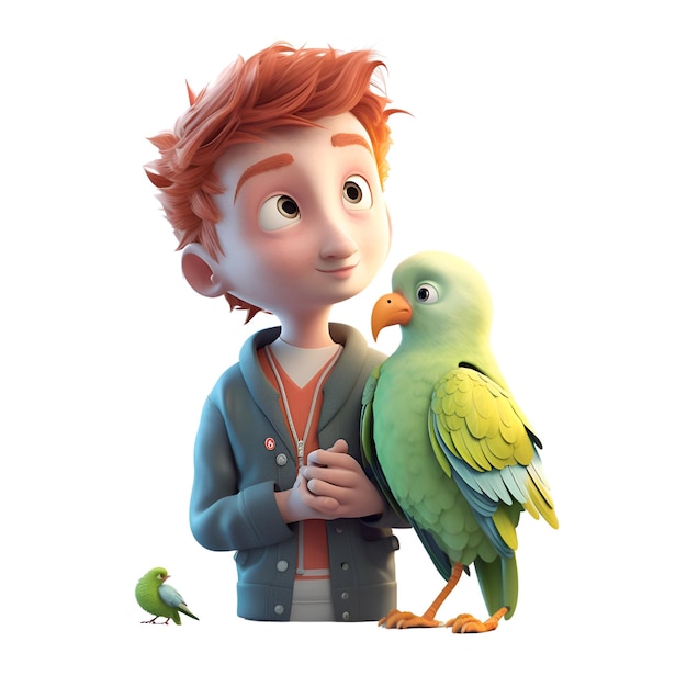 Ragazzo con un pappagallo su uno sfondo bianco rendering 3D