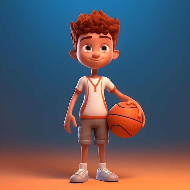Ragazzo con una palla da basket illustrazione 3D personaggio dei cartoni animati AI Generative