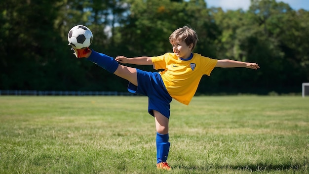 Ragazzo con una palla da calcio che fa un calcio volante